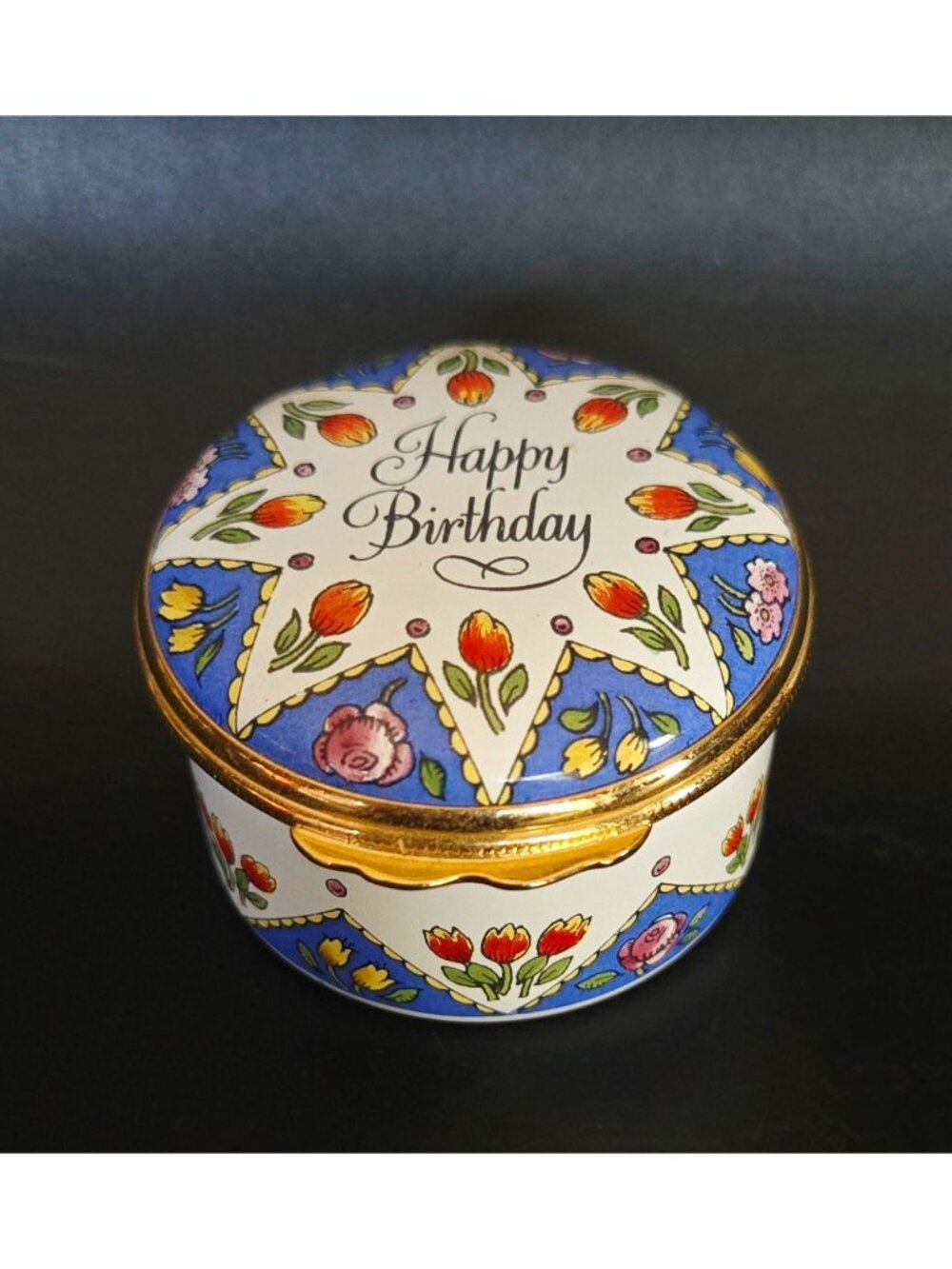 Halcyon Days Happy Birthday Trinket Box Star w/Flowers Enamel Floral Gold Englan